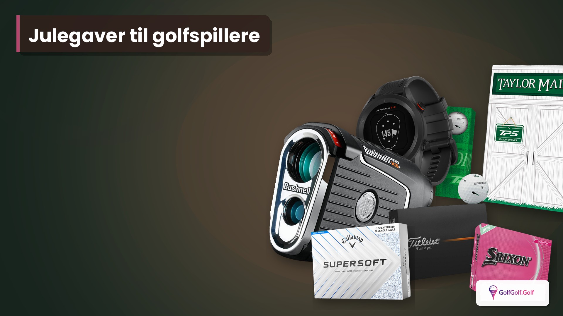 Varm gaveidé-collage med golfbolde, GPS-ur og laserafstandsmåler til julegaver til golfspillere.
